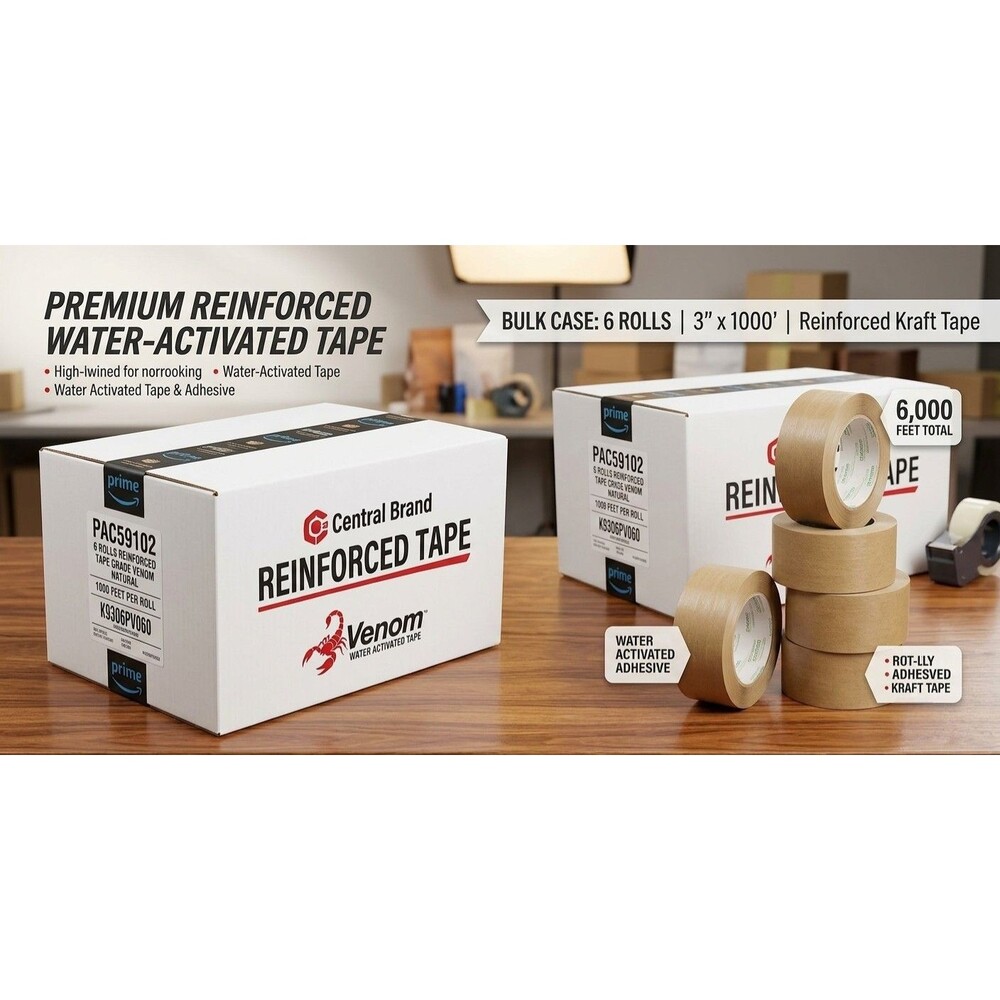 Central Brand Venom 3" 70mm Water Activated Tape Natural K9306PV060 Case 6 Rolls
